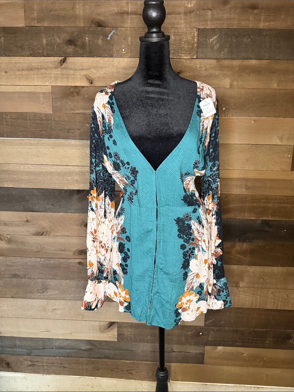 Free People Teal Floral V-Neck Tunic Top